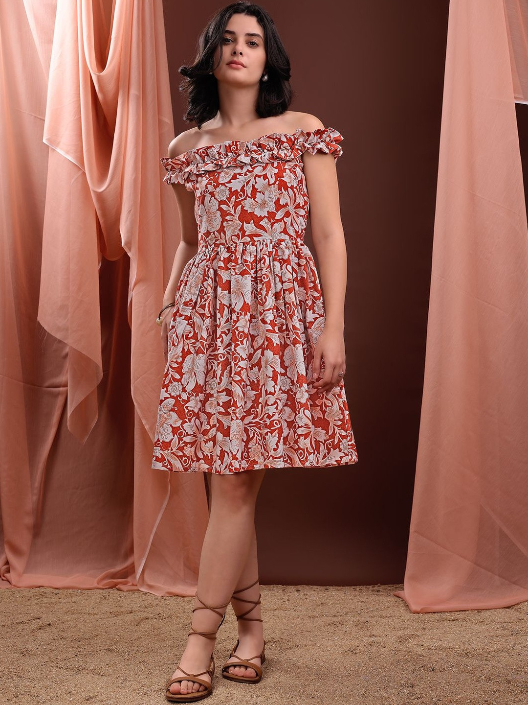 MILOST Printed Off-Shoulder Cotton Dress