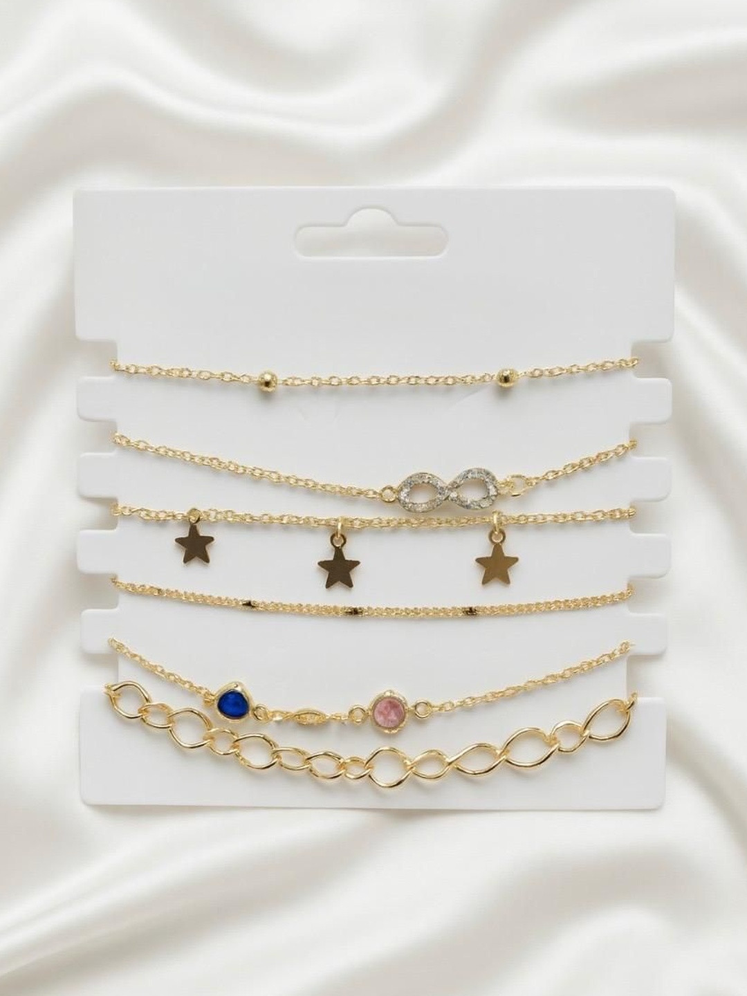 Nui Set Of 6 Stainless Steel Gold-Plated Artificial Stones Studded Charm Bracelets