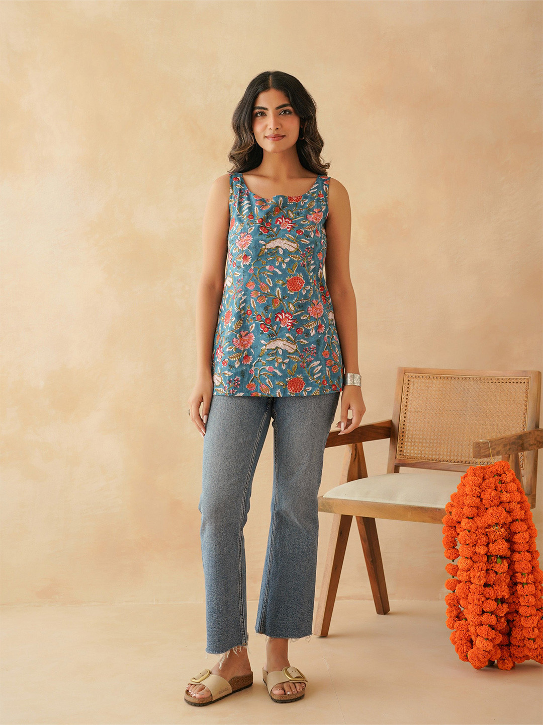 GOODHAND Floral Printed Backless Tie-up kurti Pure Cotton Kurti