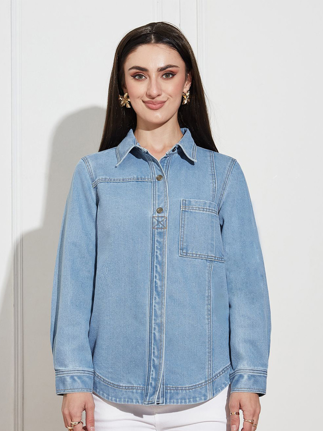 Miss Chase Relaxed Fit Long Sleeves Denim Casual Shirt