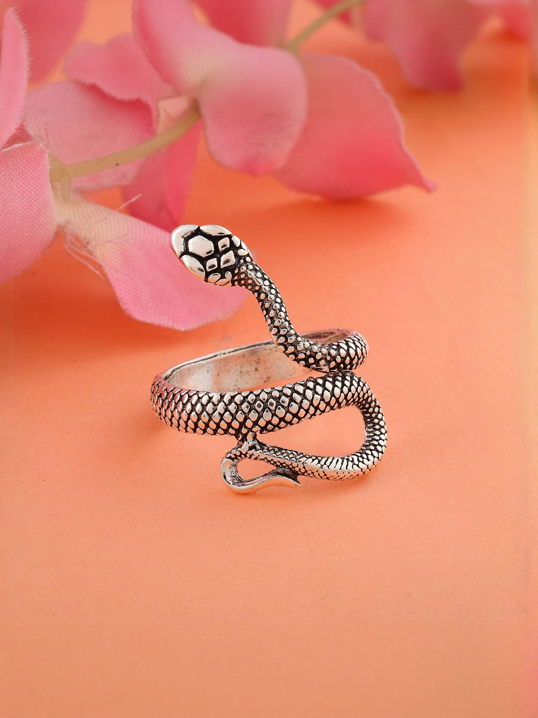 Brass Oxidised Silverplated Carving Cobra Snake Long Stylish Fingerring