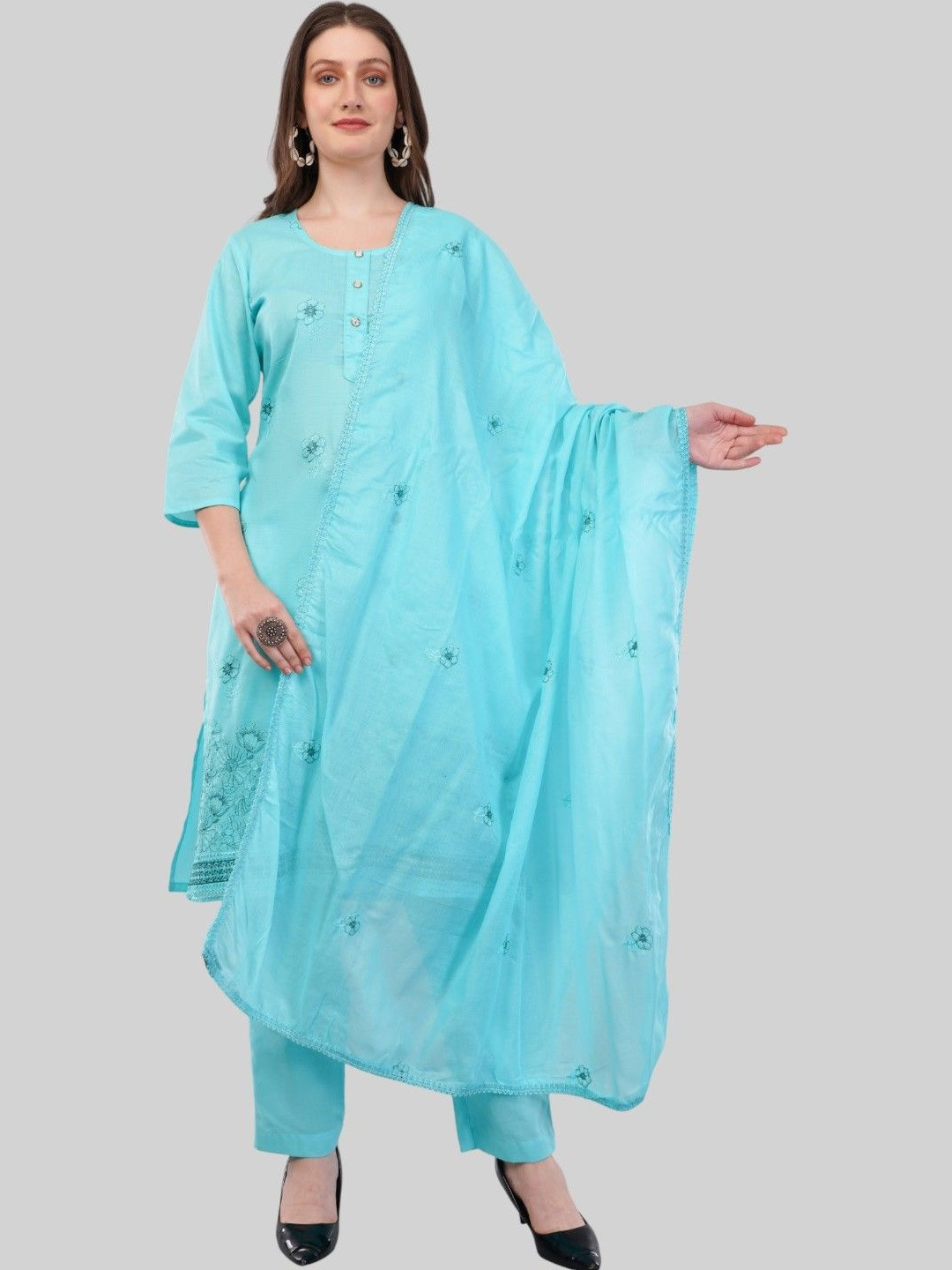 EELIKA Women Ethnic Motifs Embroidered Pure Cotton Straight Kurta with Trousers & Dupatta