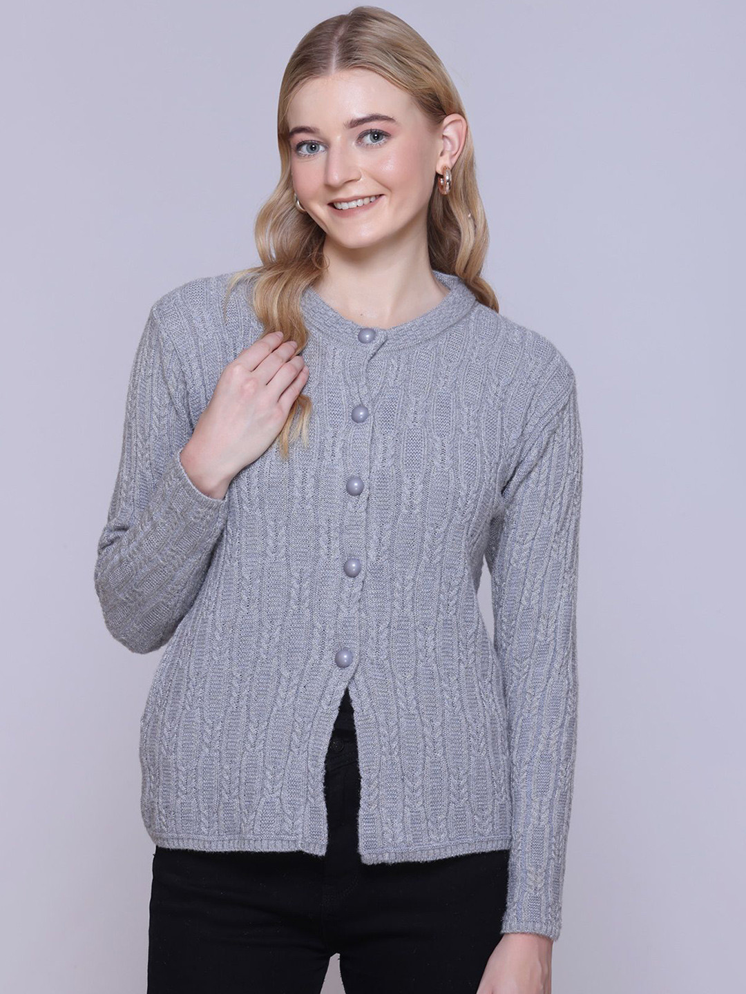 TRUDO Women Cable Knit Full Sleeve Woollen Cardigan