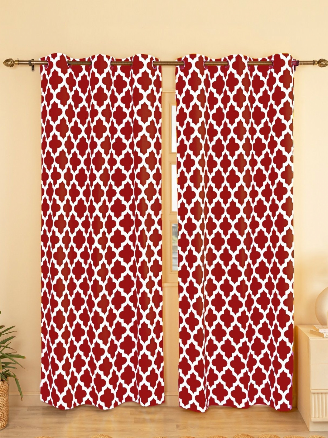 HOMEMONDE Maroon & White 2 Pcs Geometric Printed Room Darkening Cotton Long Door Curtain