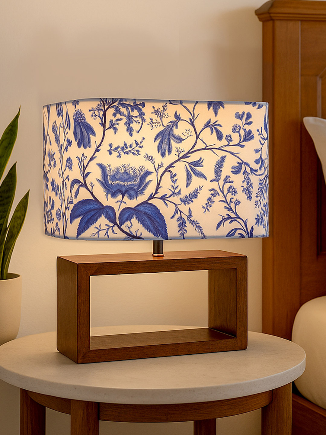 Homesake Blue & Brown Walnut Rectangle Wood Table Lamp With Bird Shade LED Bulb