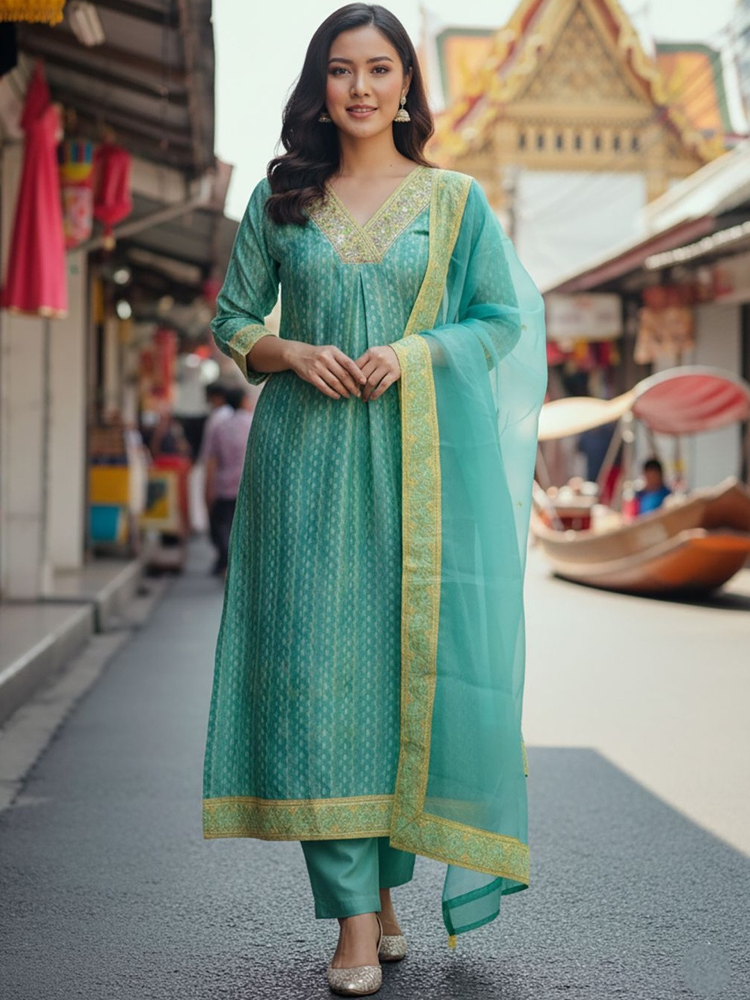 SAKSHI- The Wedding Store Floral Woven Design Thread Work Kurta With Trousers & Dupatta