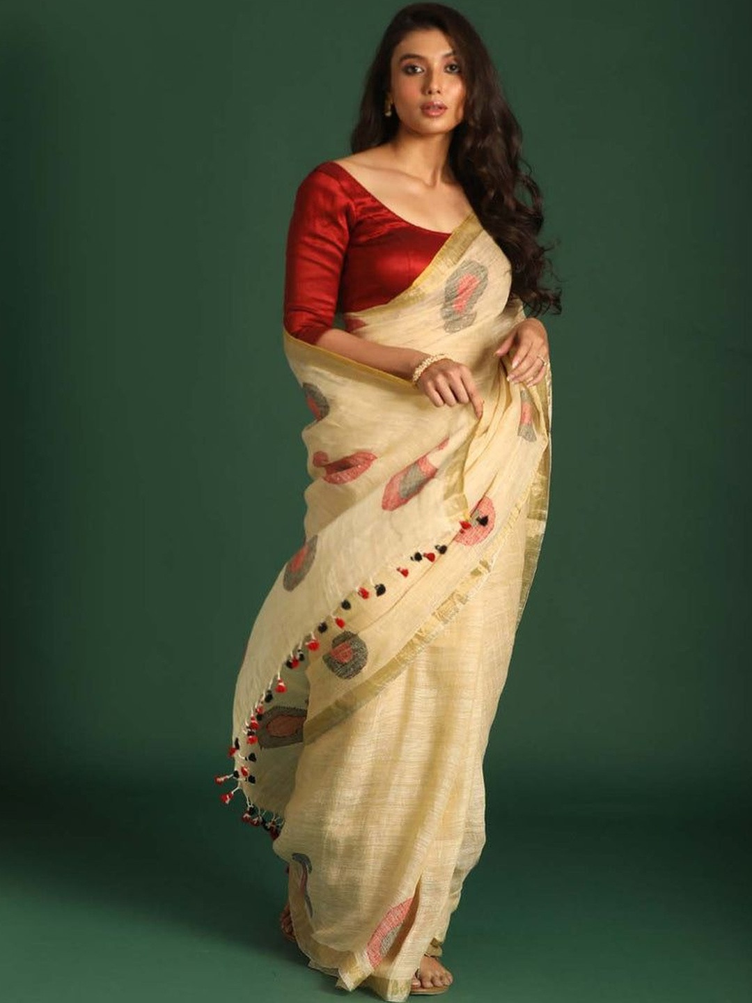 HERE&NOW Women Paisley Printed Pure Linen Jamdani Saree with a Blouse Piece