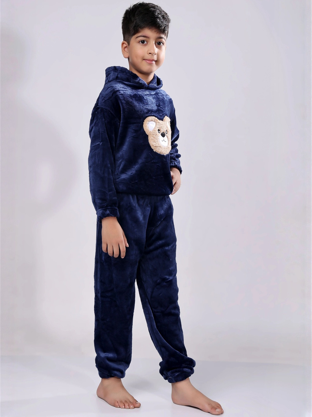 FITIN OUTFIT Boys Teddy Face Applique Woolen Sweatshirt & Pyjamas Clothing Set