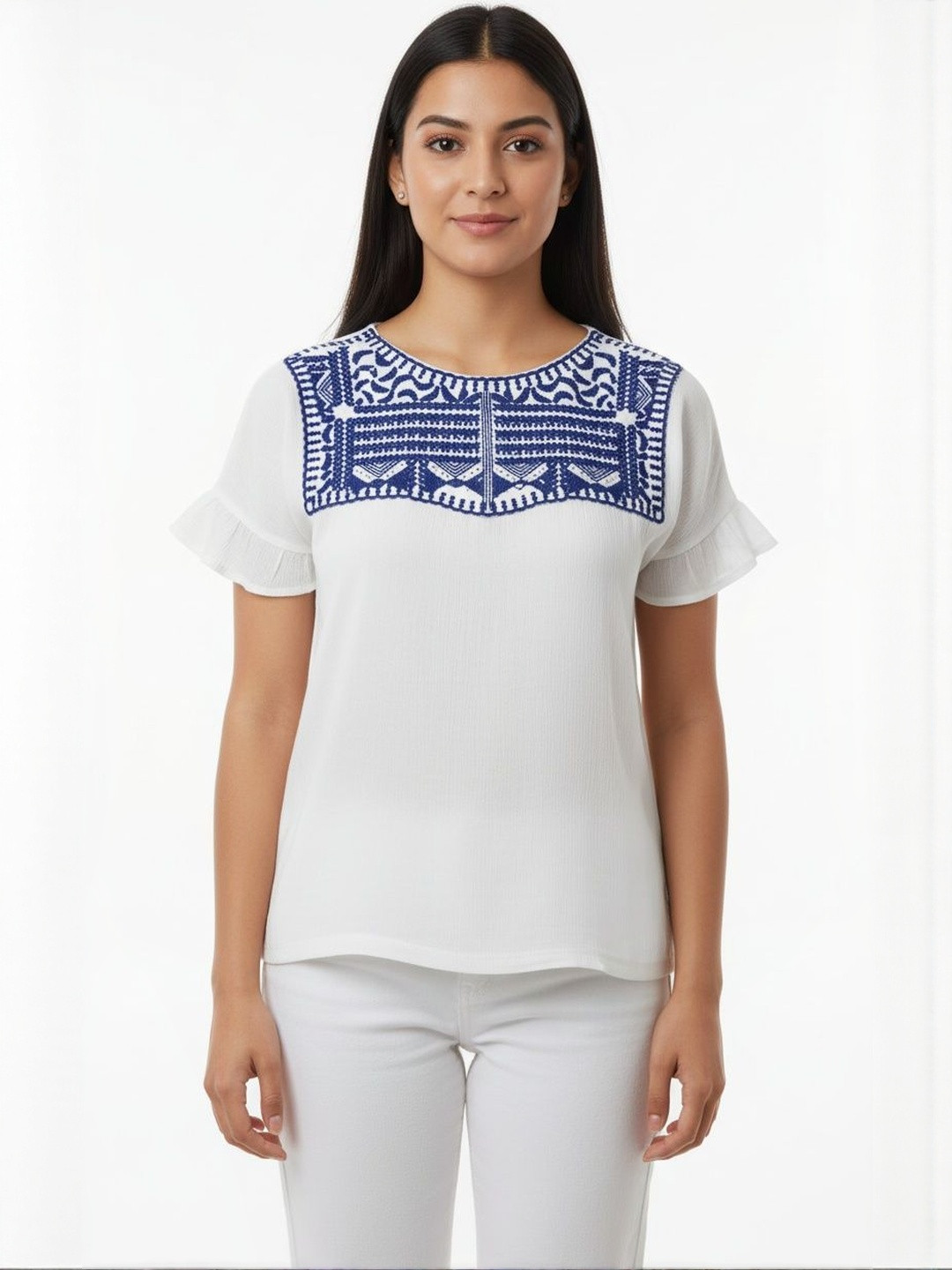 GLAM & CHIQUE Women White Embroidered Top with Ruffle Sleeves