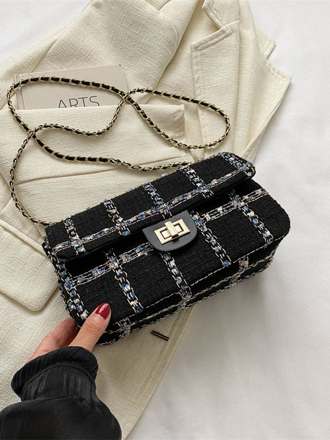 CORSICA Women Black Checked & Printed PU Structured Sling Bag