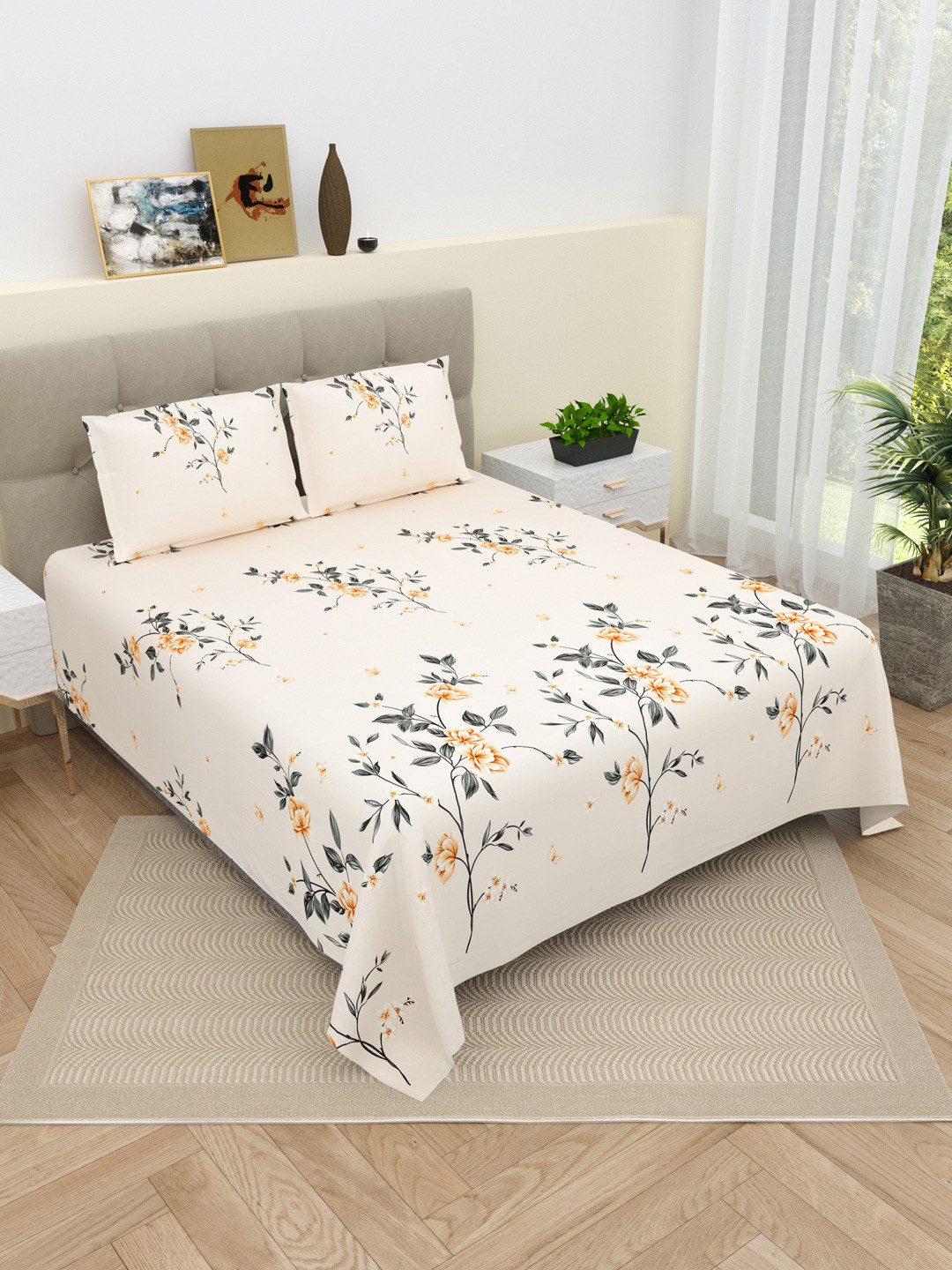 DREAM WEAVERZ Coral Floral 220 TC King Bedsheet With 2 Pillow Covers - 2.75 m x 2.75 m