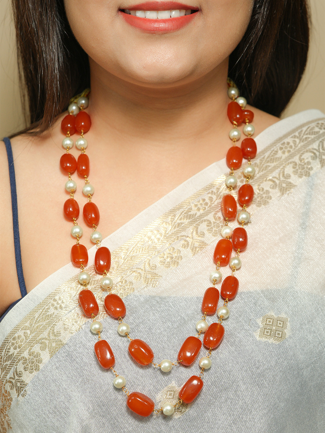 Raj Gems Natural Quartz & Pearl Gemstone Beads Layered Necklace