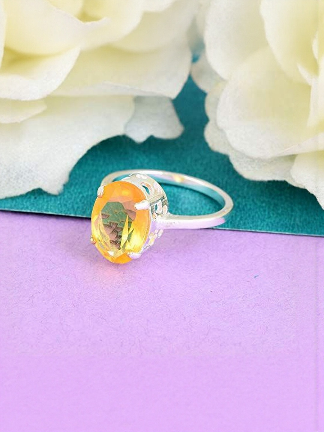 Brass Silverplated High Crown Faux Yellow Sapphire (Pukhraj) Fingerring