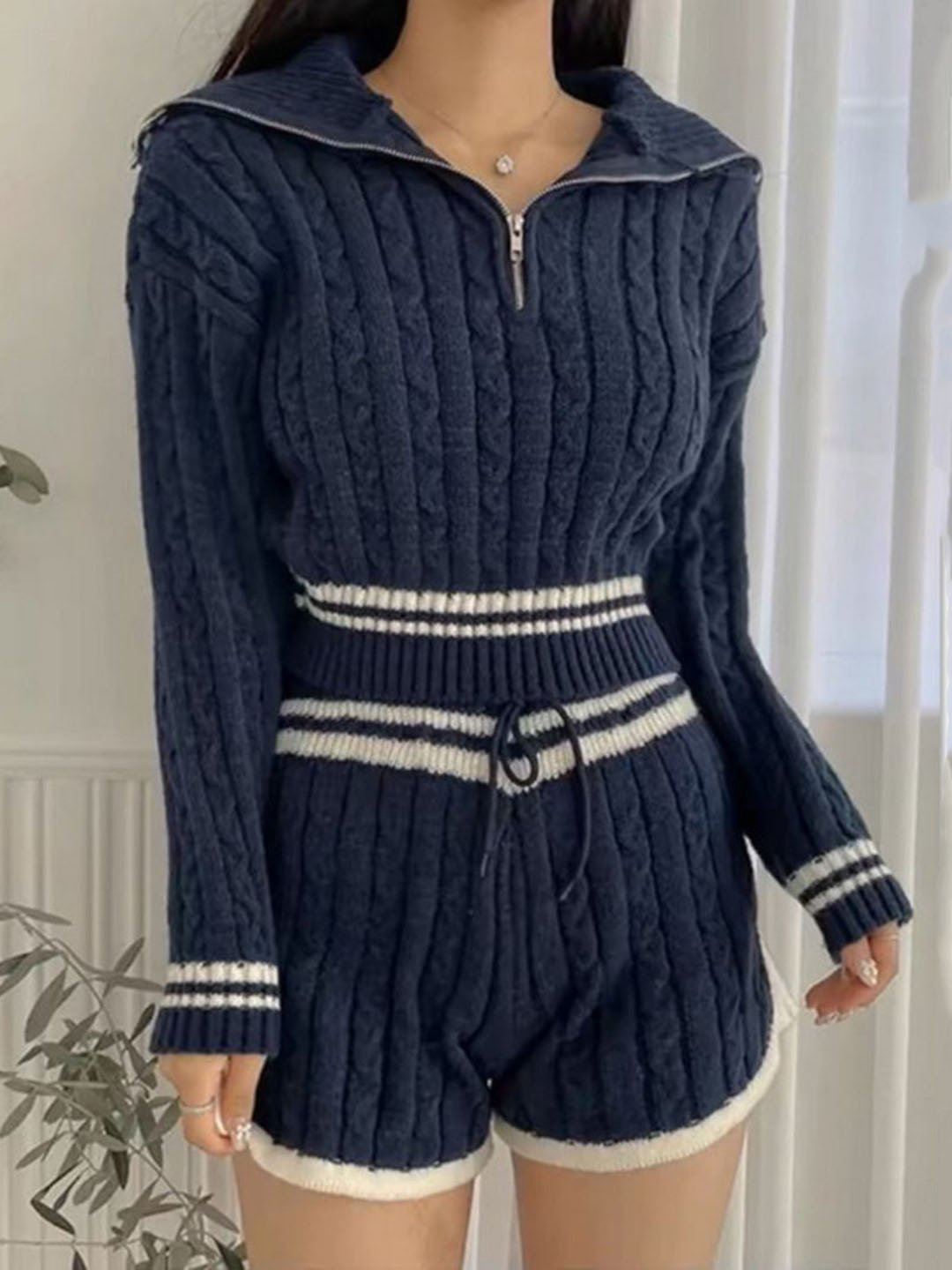 StyleCast Women Striped Polo Collar Sweater & Shorts Co-Ords