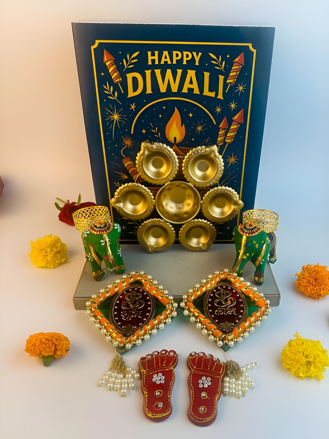 Giftii Red & Green 7 Pieces Key Holder Elephants Lotus Diyas & Shubh-Labh Gift Set