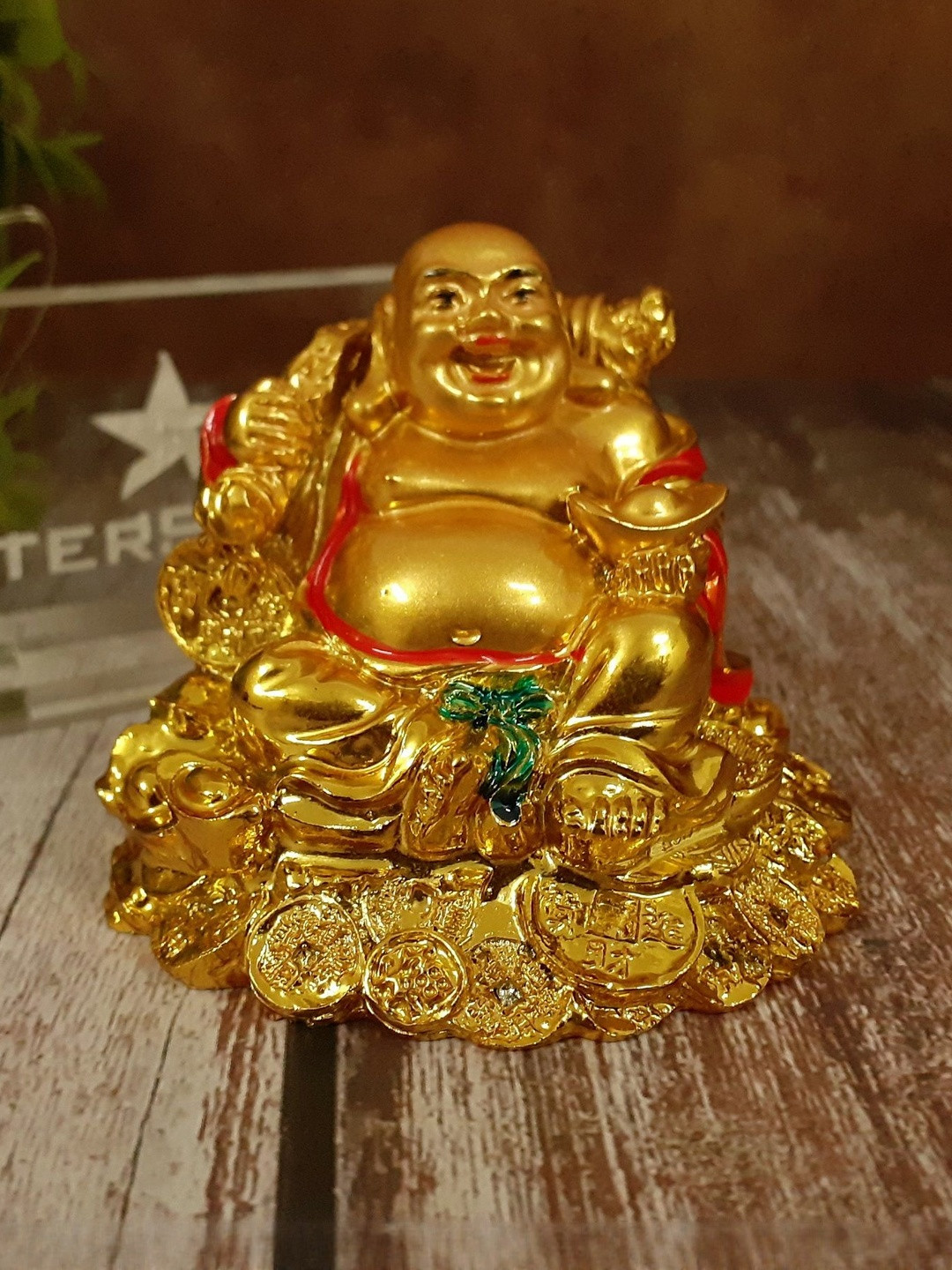 Afterstitch Gold Laughing Buddha Sitting On Bundle Of Coins Idol Statue Showpiece