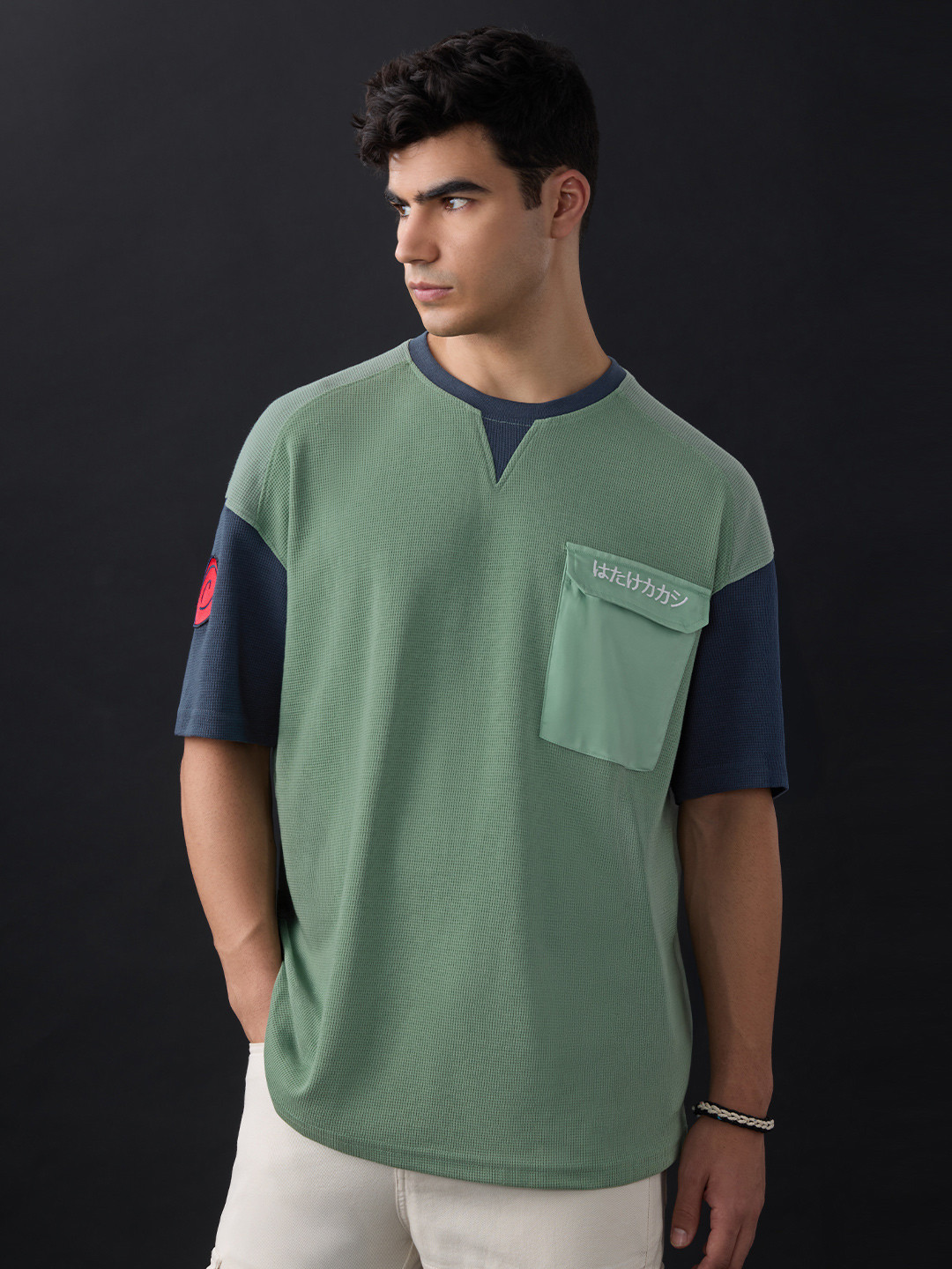 The Souled Store Naruto: Shinobi Colourblocked Round Neck Drop-Shoulder Sleeves T-shirt