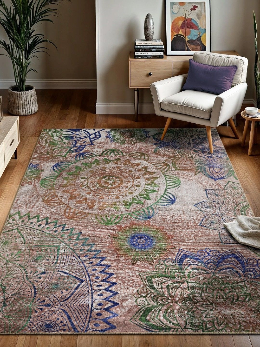 Kaleen India Beige And Red Floral Printed Anti-Skid Backing Washable Rugs