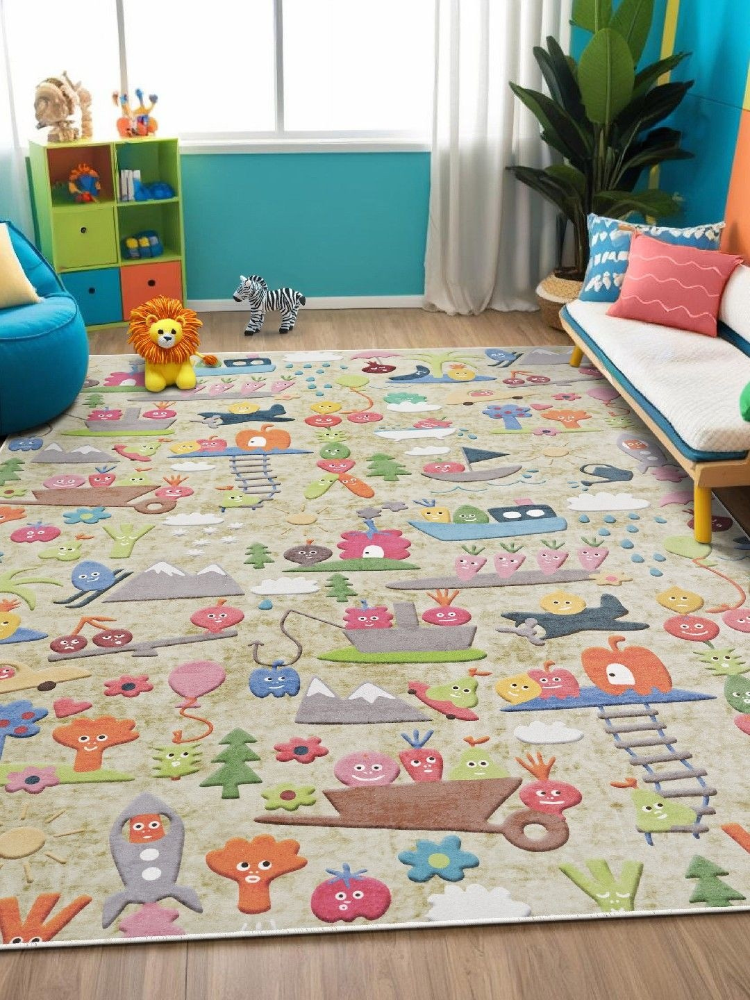 Kaleen India Kids Beige & Green Cartoon Characters Anti-Skid Carpet