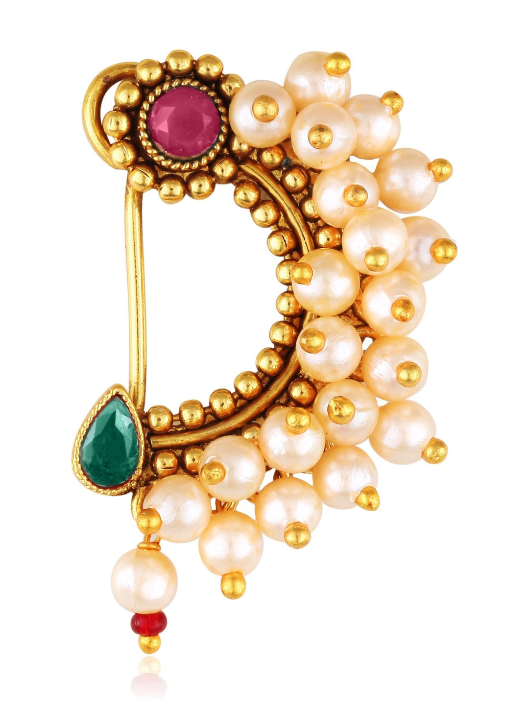 VIVASTRI Gold Plated Artificial Stones Studded And Beaded Nath Nose Pin