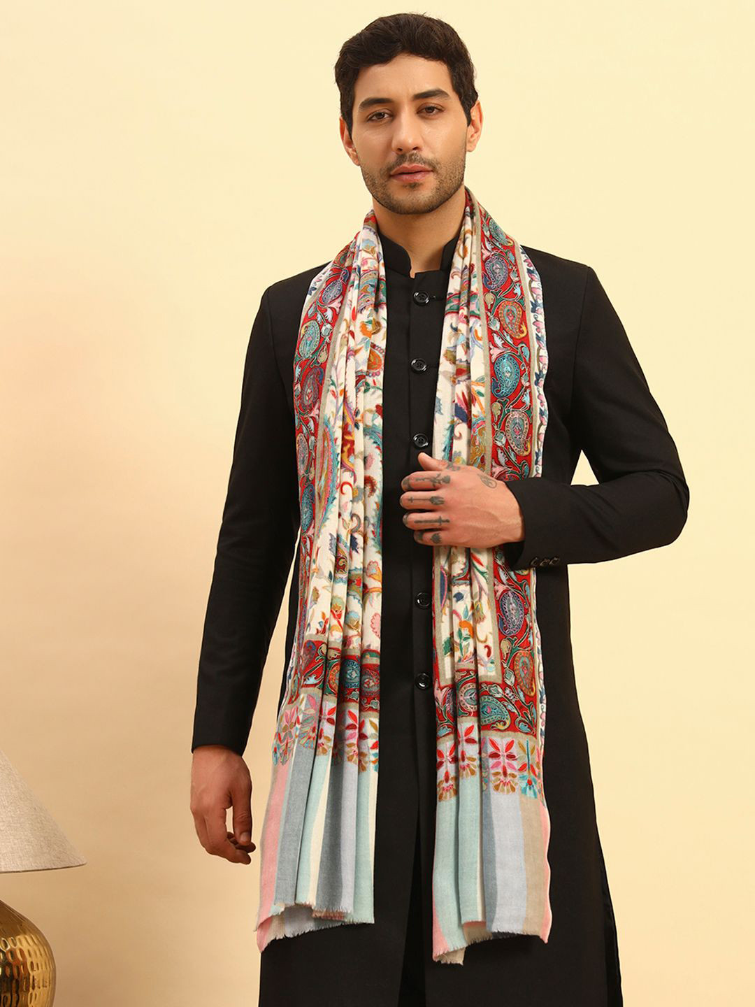 Pashmoda Men Embroidered Kalamkari Stole with Frayed Border