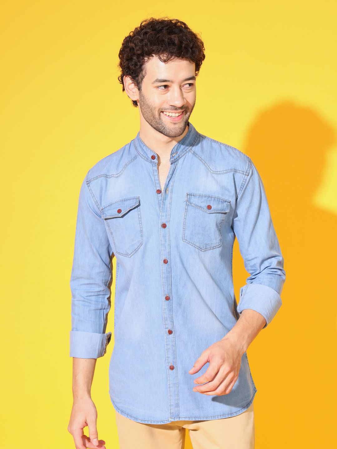 DOUBLE ONE Men Standard Fit Solid Band Collar Casual Denim Shirt