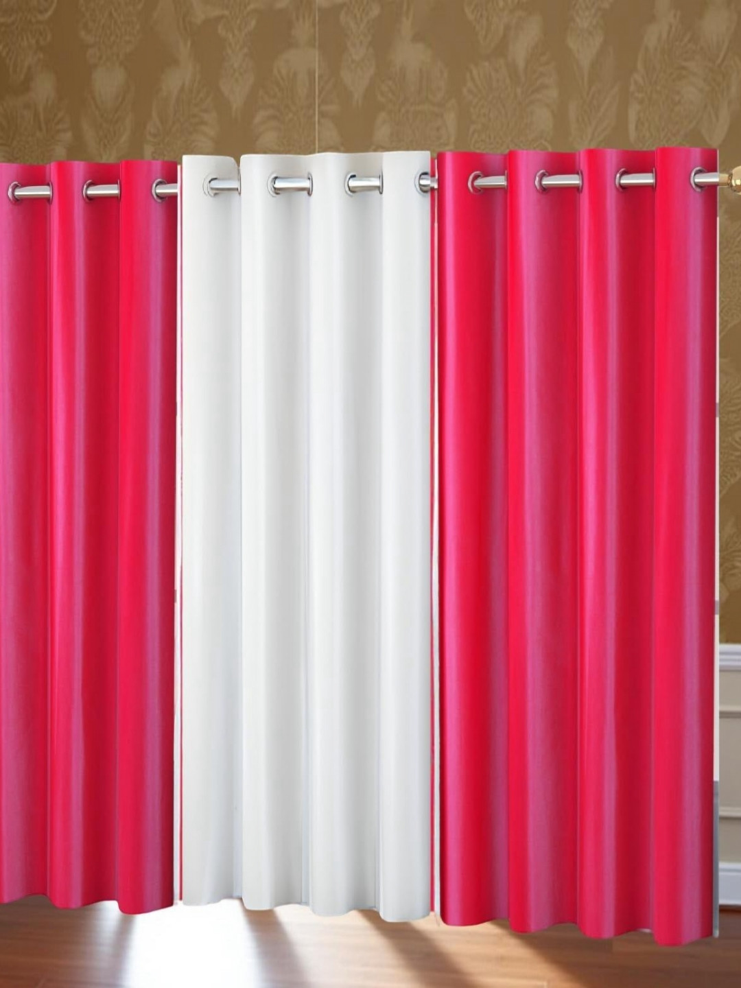 Aura Coral & White 3 Pieces Room Darkening Long Door Curtains
