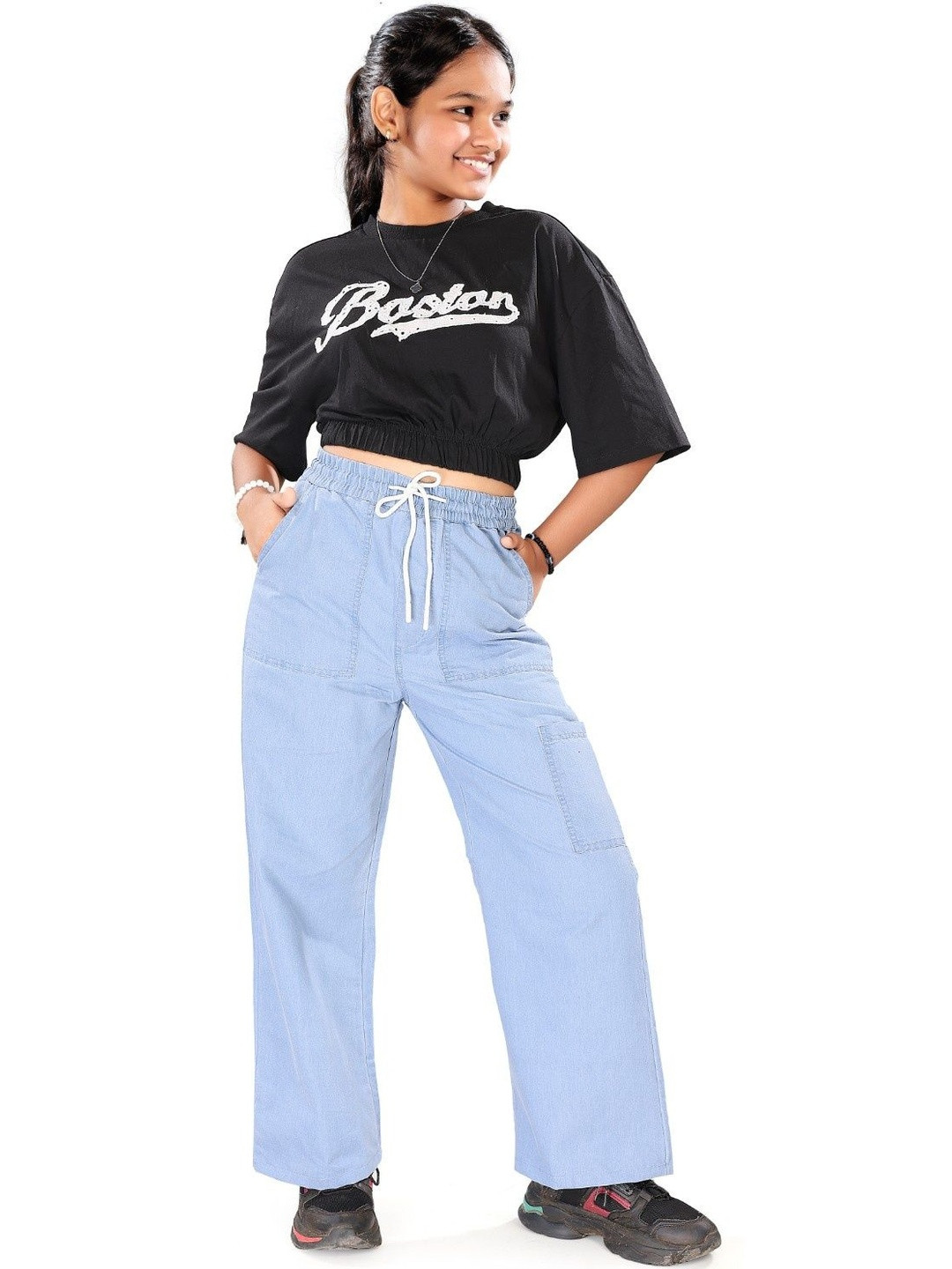 UNOseven Girls Blue Wide Leg Mid-Rise Denim Light Fade Jeans