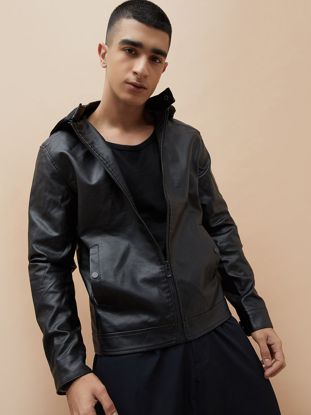 Forca by Lifestyle Men Hooded Solid Leather Jacket