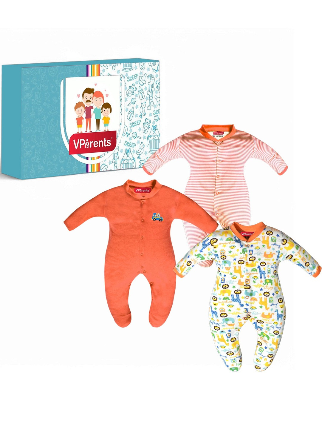 VParents Pack Of 3 Full Length Printed Baby Footies Sleepsuit Romper