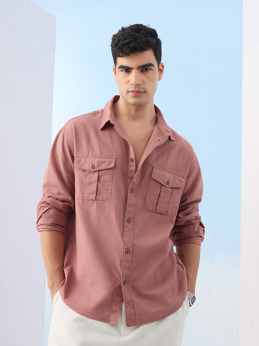 The Souled Store Men Cotton Linen Utility: Rosewood Rose Regular Fit Shirt