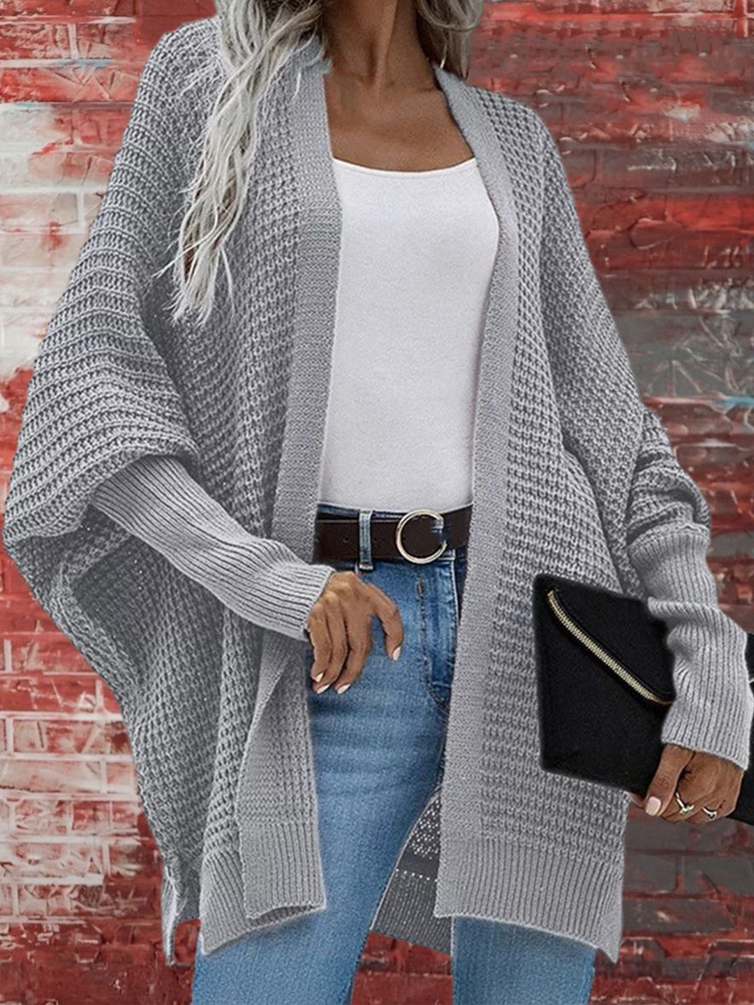 StyleCast Women Front Open Waffle Knit Longline Cardigan