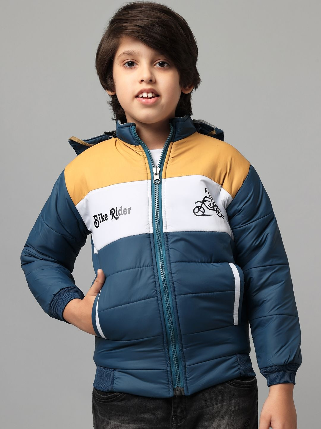 TRENDY WORLD Boys Blue Colourblocked Polyester Winter Hooded Puffer Jacket