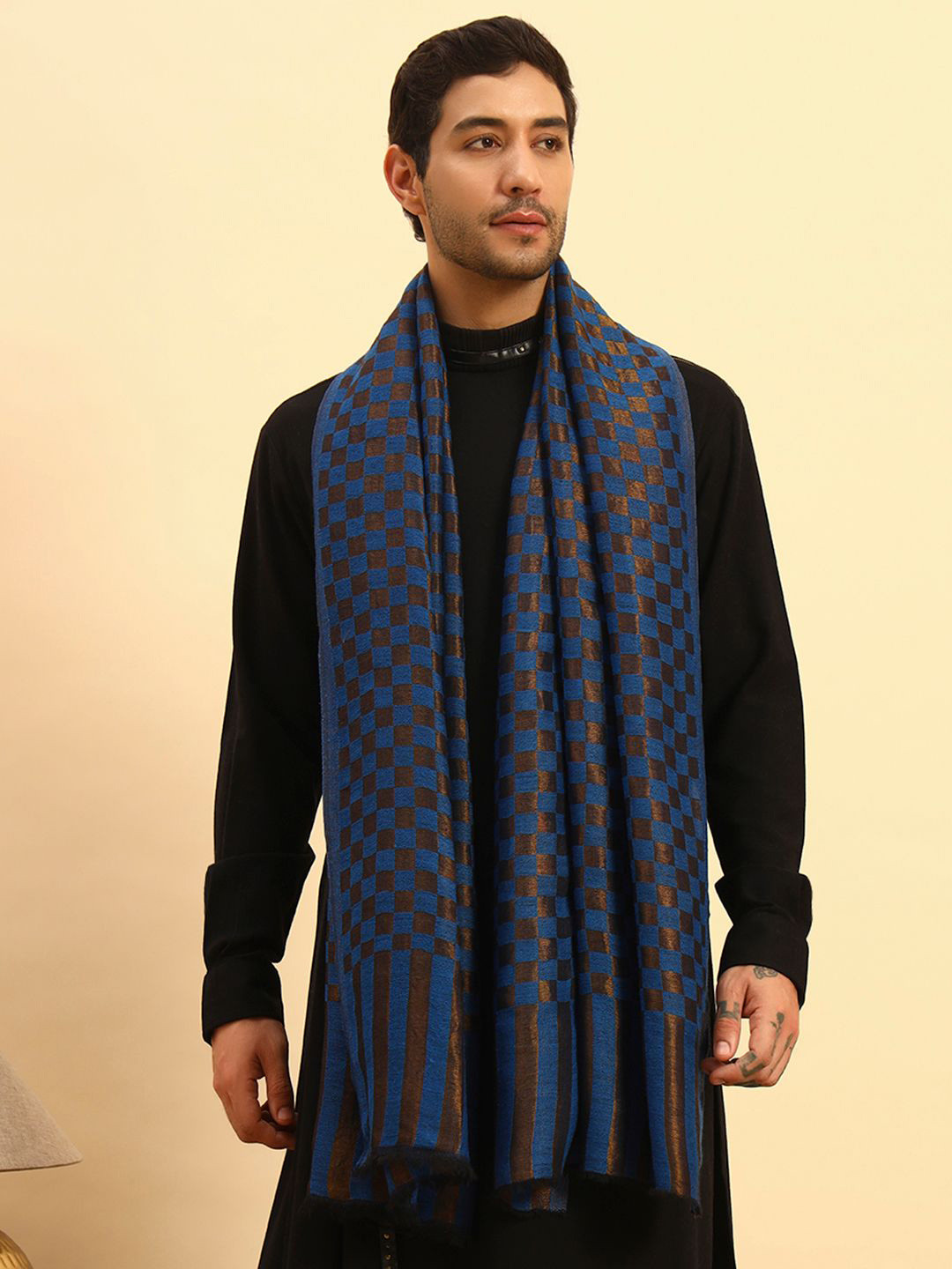 Pashmoda Men Reversible Champagne Check Fine Wool Shawl