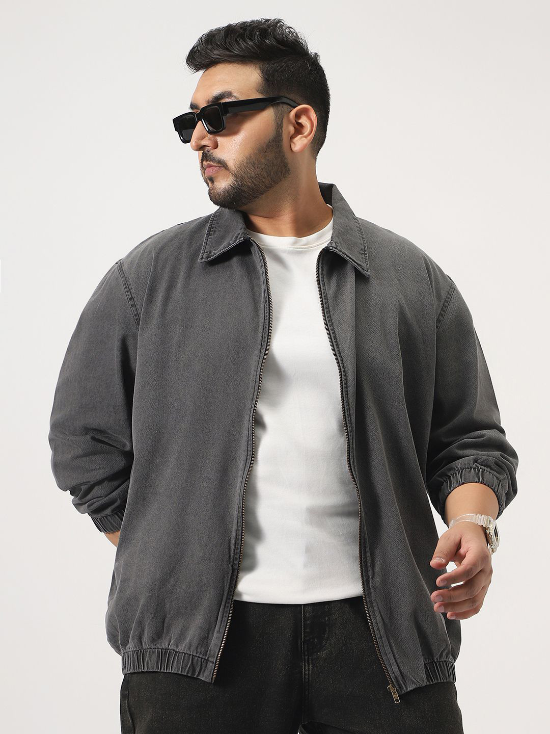 Urbano Plus Men Plus Size Light Grey Relaxed Fit Harrington Denim Jacket