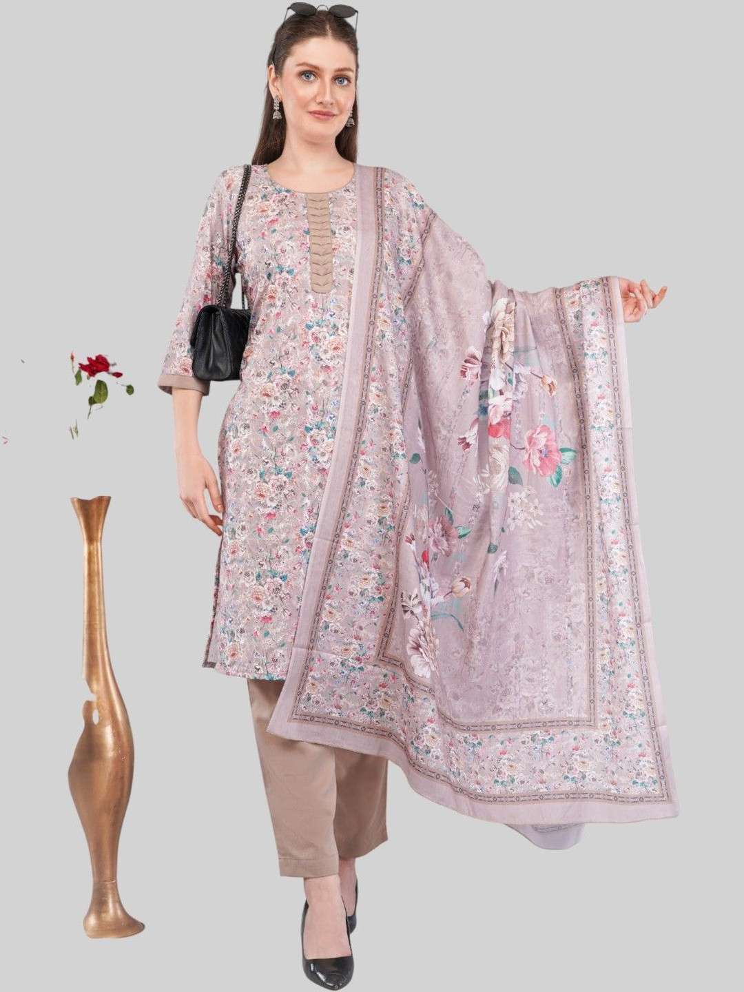 EELIKA Women Floral Printed Regular Pure Cotton Kurta with Trousers & Dupatta