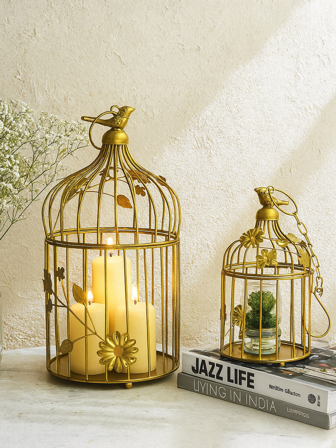 Homesake Decorative Bird Cage Set with String Light Gold Iron Metallic Living Room Set of 2 Large Showpieces - 17.7 Inches