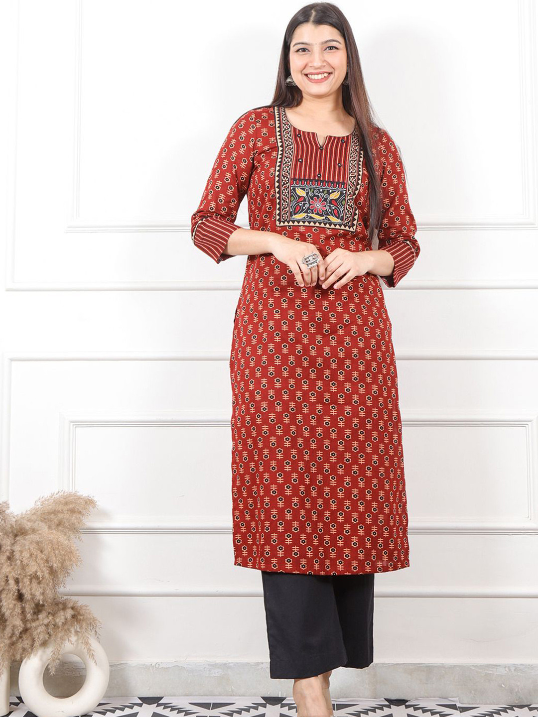 Desi Sandook Women Kutch Neck Yock Work With Ajrak Printed Pure Cotton Kurta