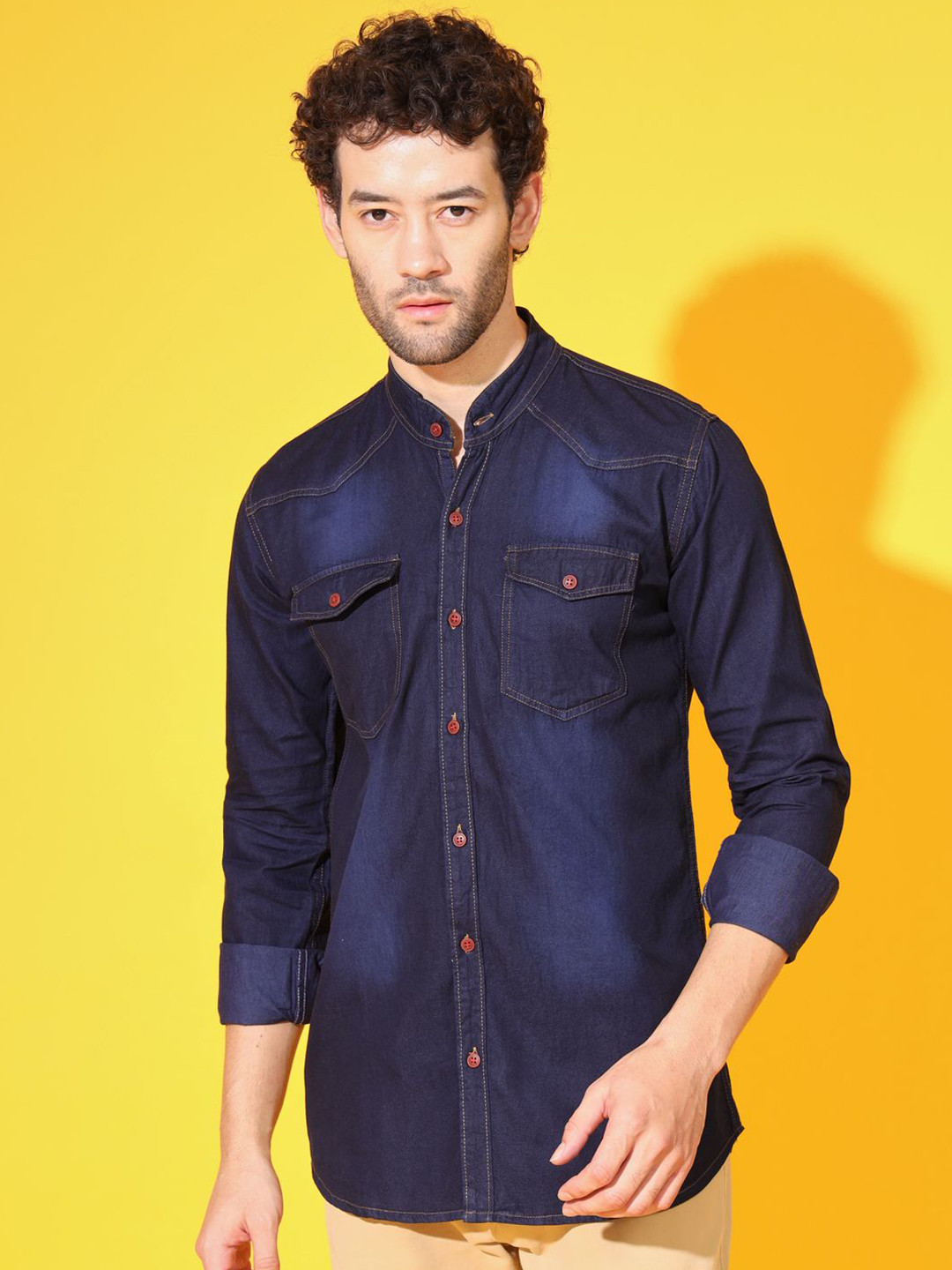 DOUBLE ONE Men Standard Fit Solid Band Collar Casual Denim Shirt