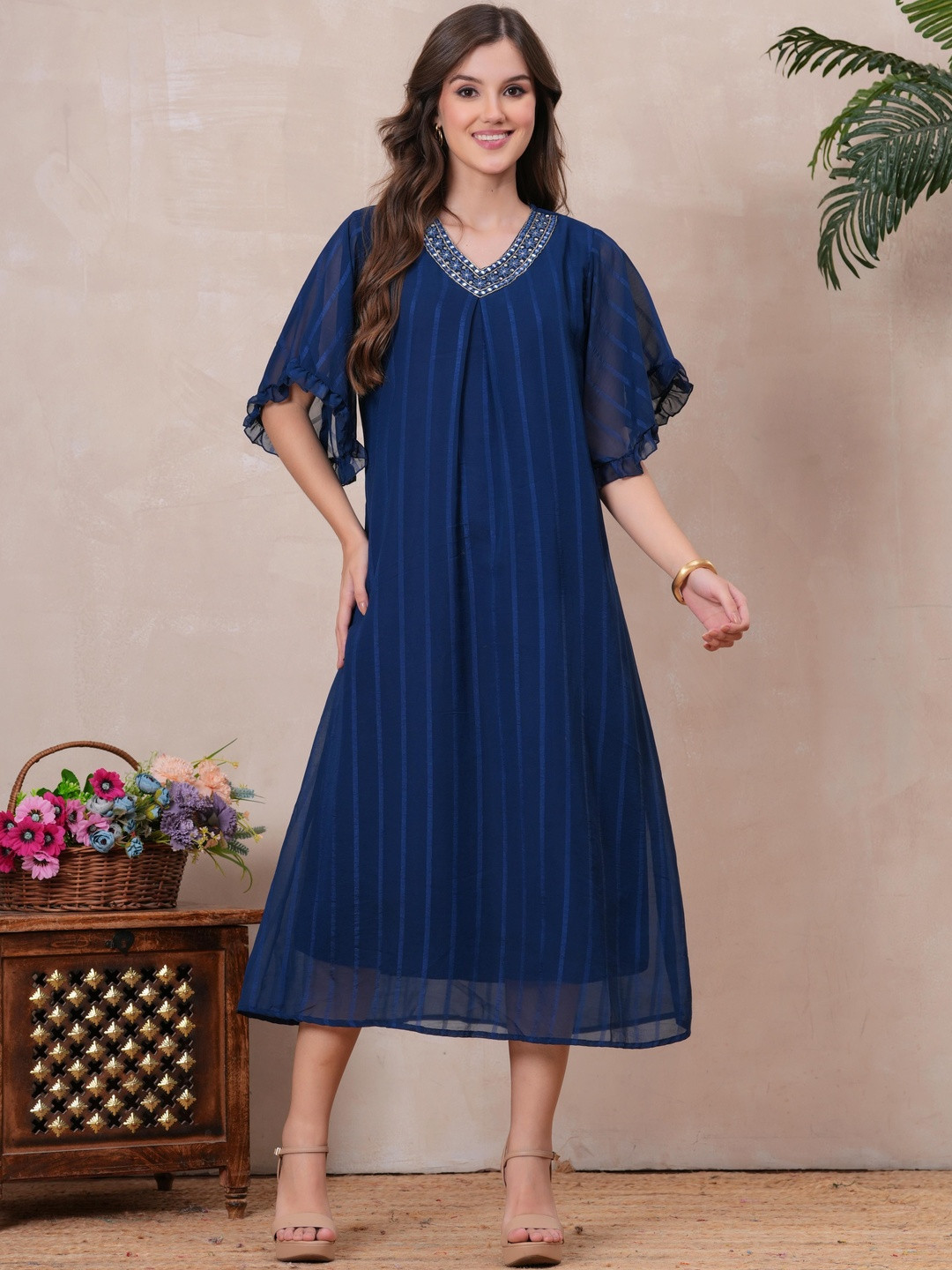 Women Georgette Fabric Navyblue Color V Neck calf Length half Sleeve Dress