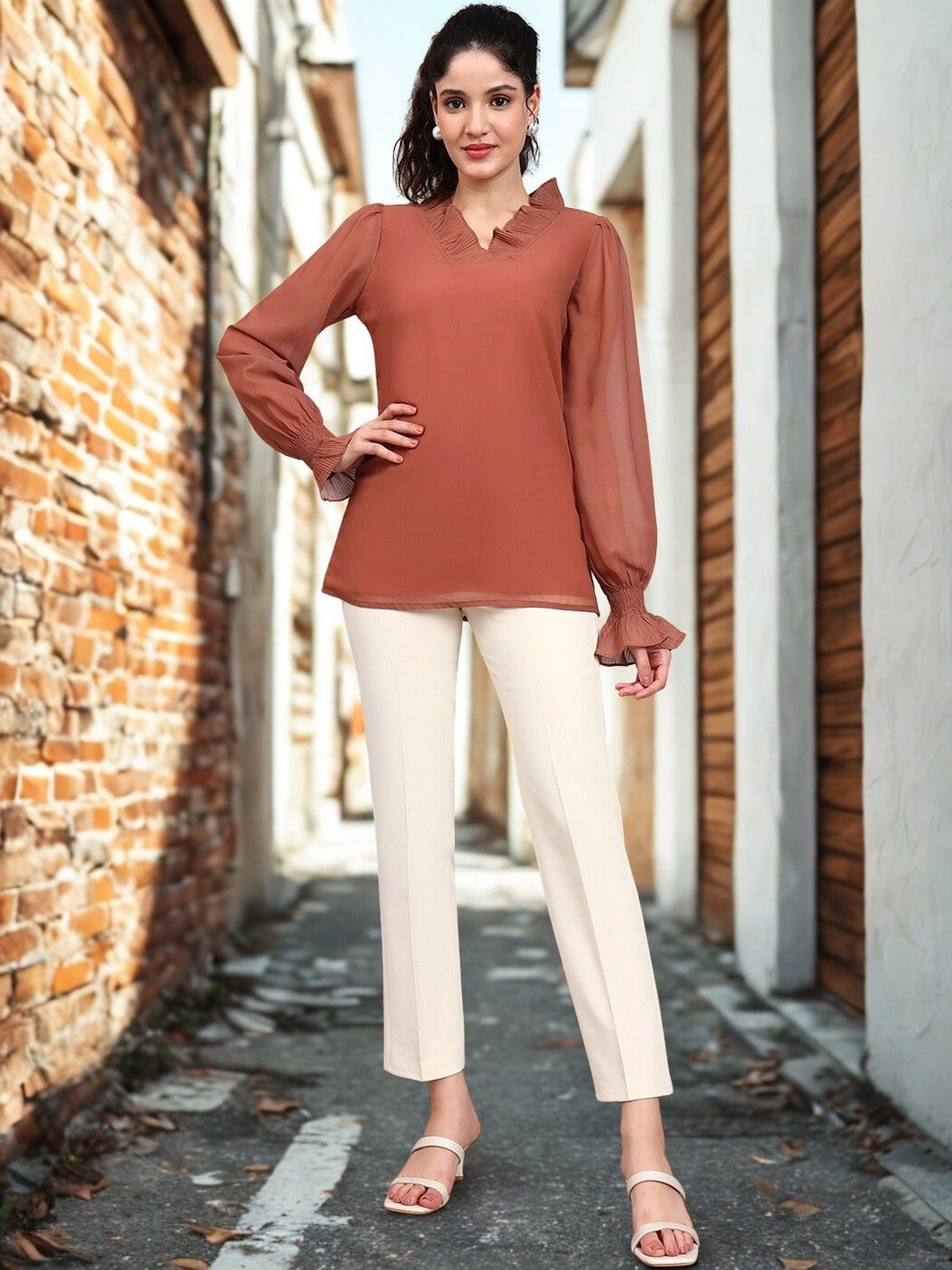 PowerSutra Women Ruffles V-Neck Georgette Top With Smocked Sheer Sleeves