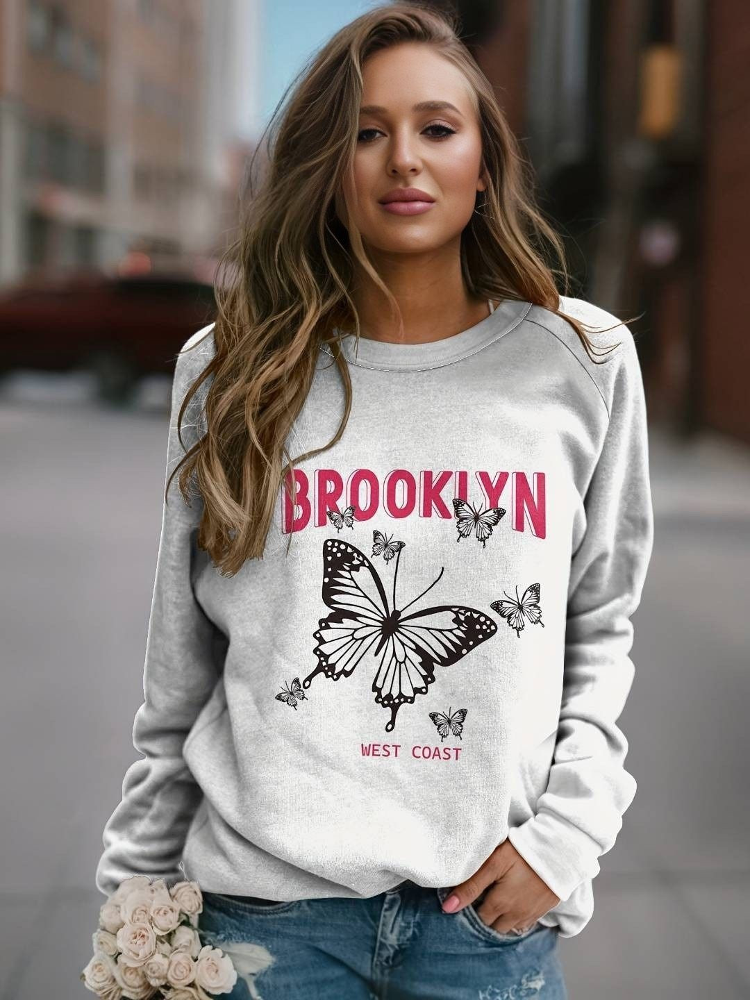 HERE&NOW Women White Printed Crew Neck Sweatshirt