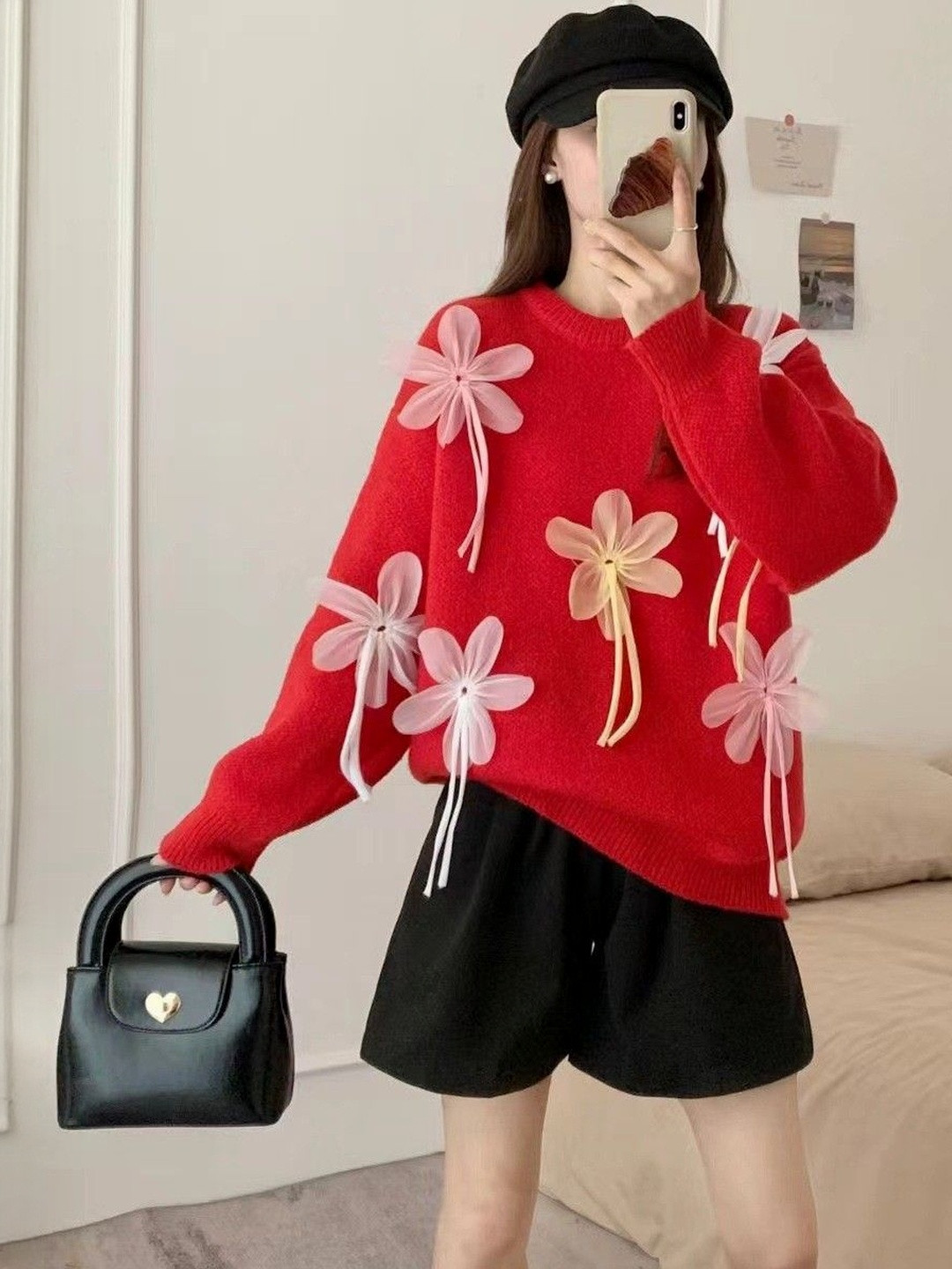 HERE&NOW Women Solid Flower Applique Detail Long Sleeves Sweatshirt