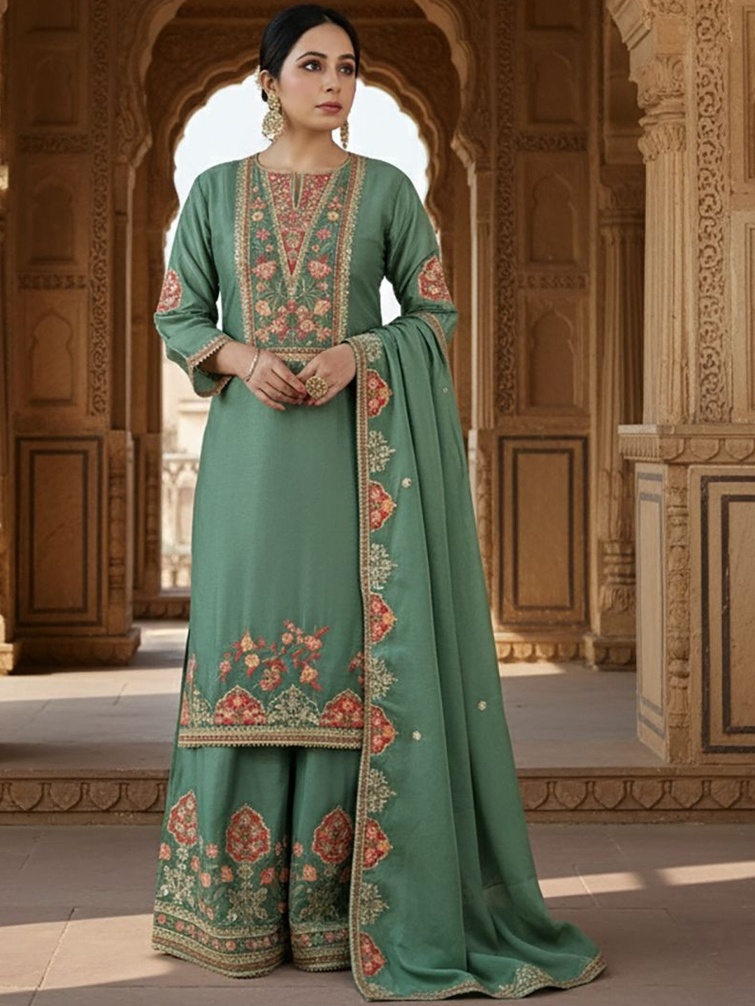 SAKSHI- The Wedding Store Floral Embroidered Straight Chinon Kurta With Palazzos & Dupatta