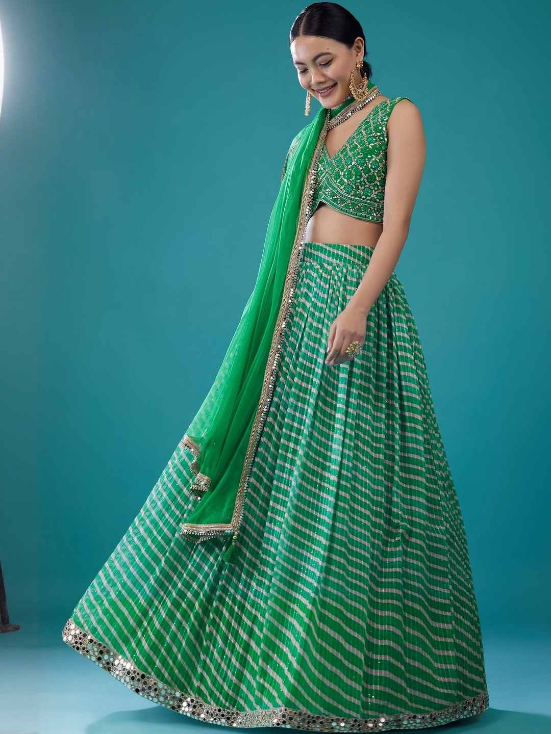 DIVASTRI Green Printed & Embroidered Real Mirror Work Organza Lehenga Choli with Dupatta