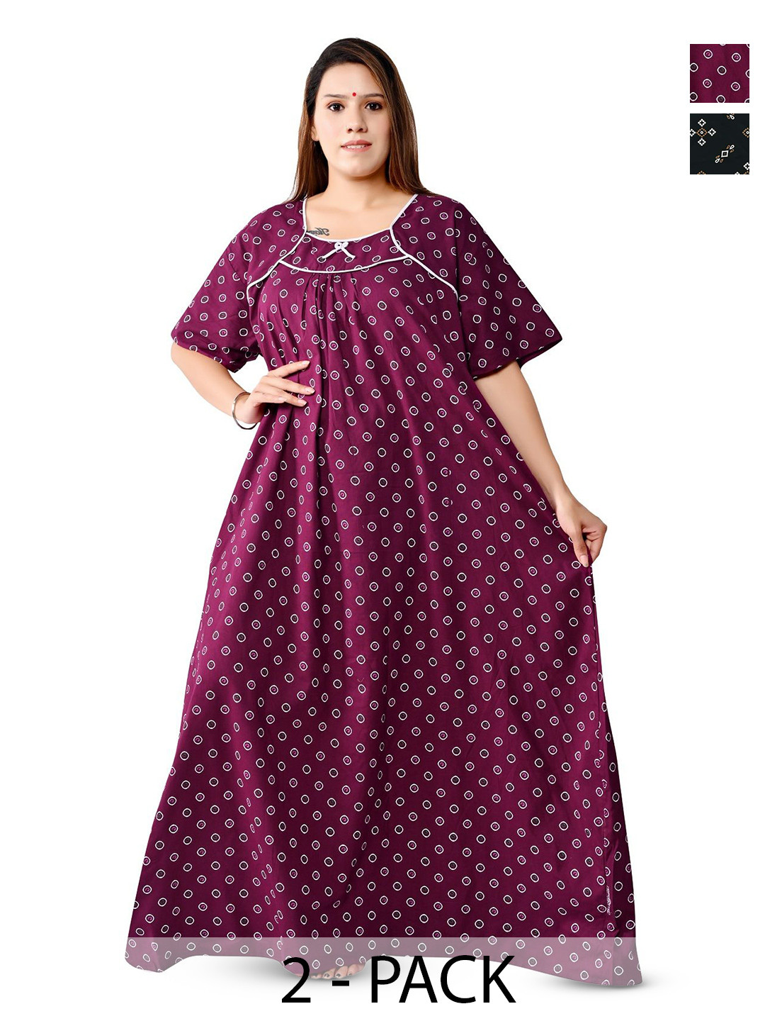 Bindass Female Collection Pack of 2 Printed Pure Cotton Maxi Nightdress