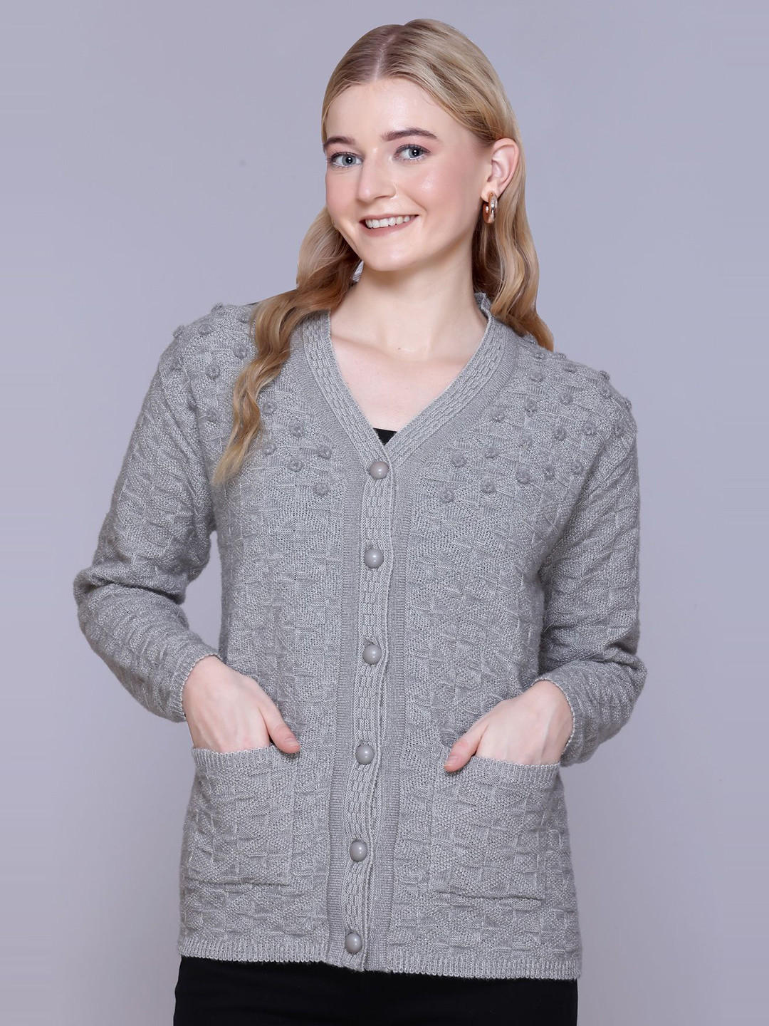 TRUDO Women Solid Self Design Full Sleeve Woollen Cardigan