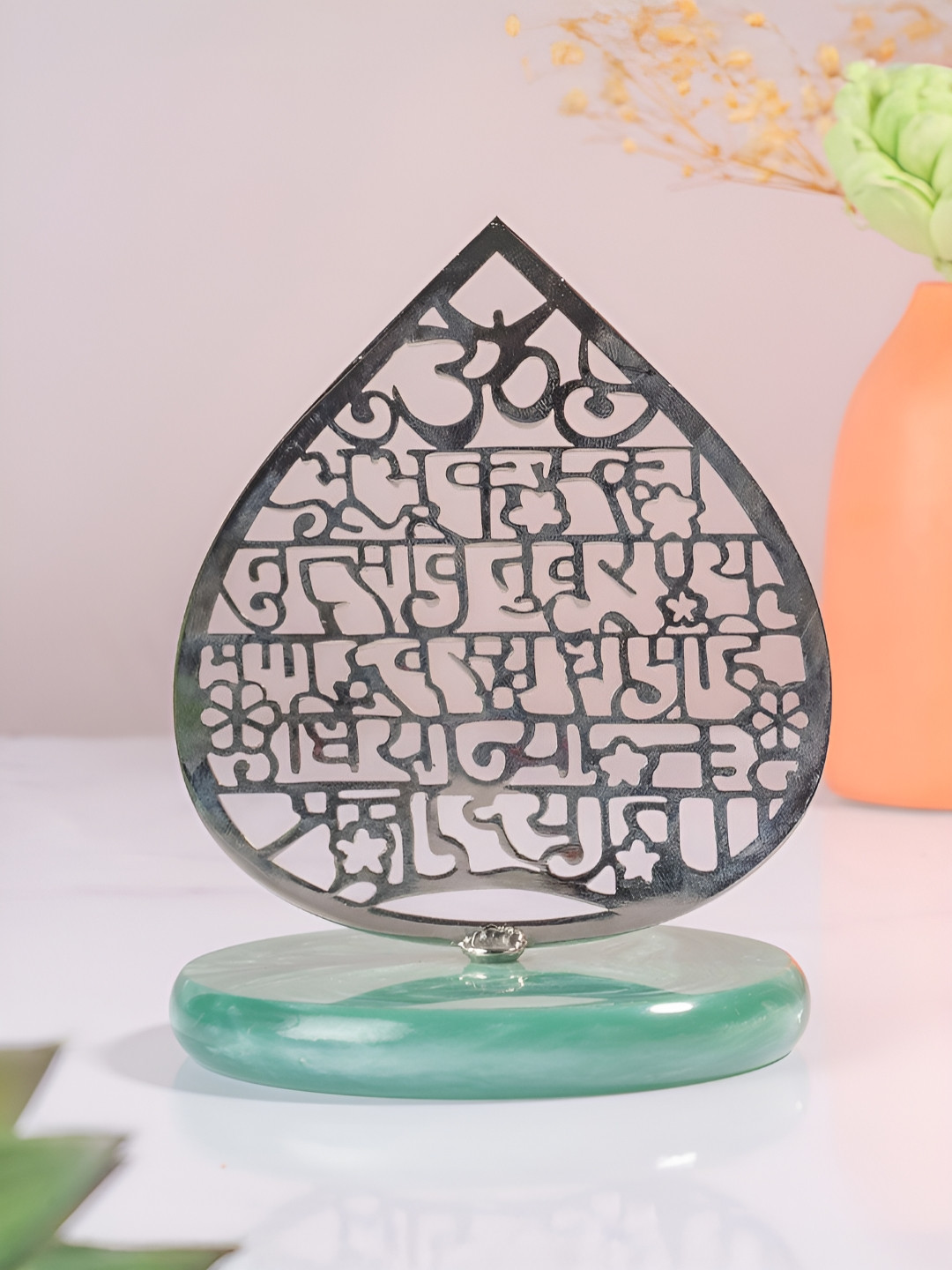 The Zappy Box Silver & Green Gayatri Mantra Syllabary Figures Showpiece