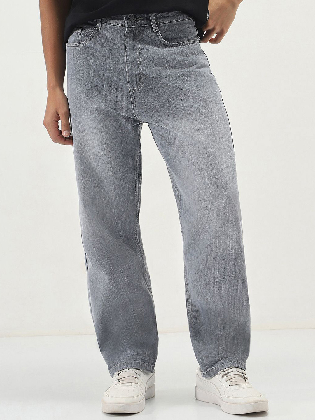 Urbano Fashion Men Light Grey Loose Baggy Fit Washed Denim Non-Stretchable Cotton Jeans
