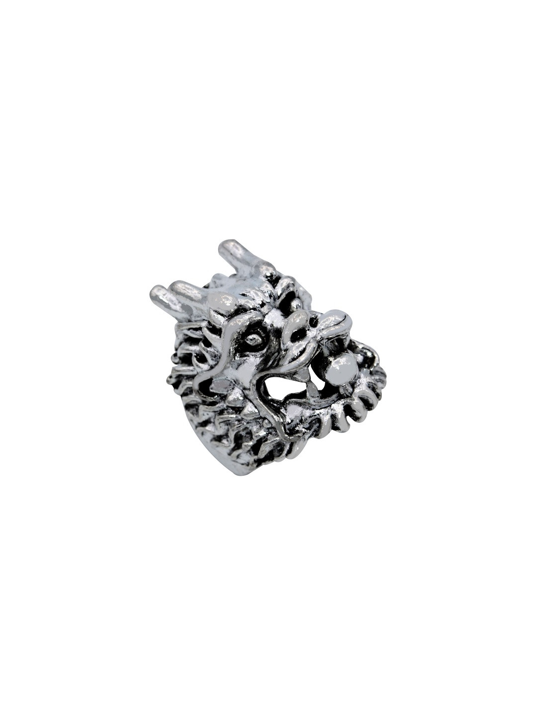 DZINETRENDZ Unisex Oxidised Antique Finish Horn Tiger Head With Ball In Mouth Finger Ring